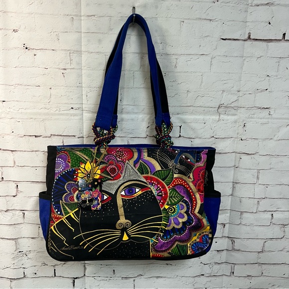 Laurel Burch Carlotta's Cats Shoulder Bag Purse Tote Bag Blue Cotton Canvas - Picture 1 of 16